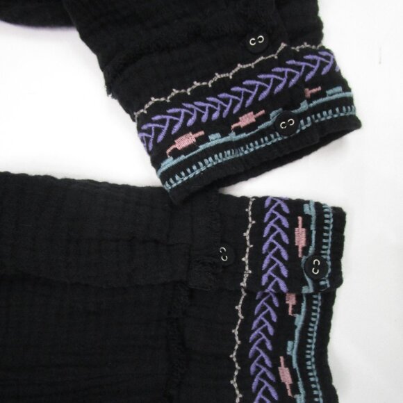 Floral Embroidery Tunic Top Black Cotton Gauze Bohemian - Picture 7 of 15